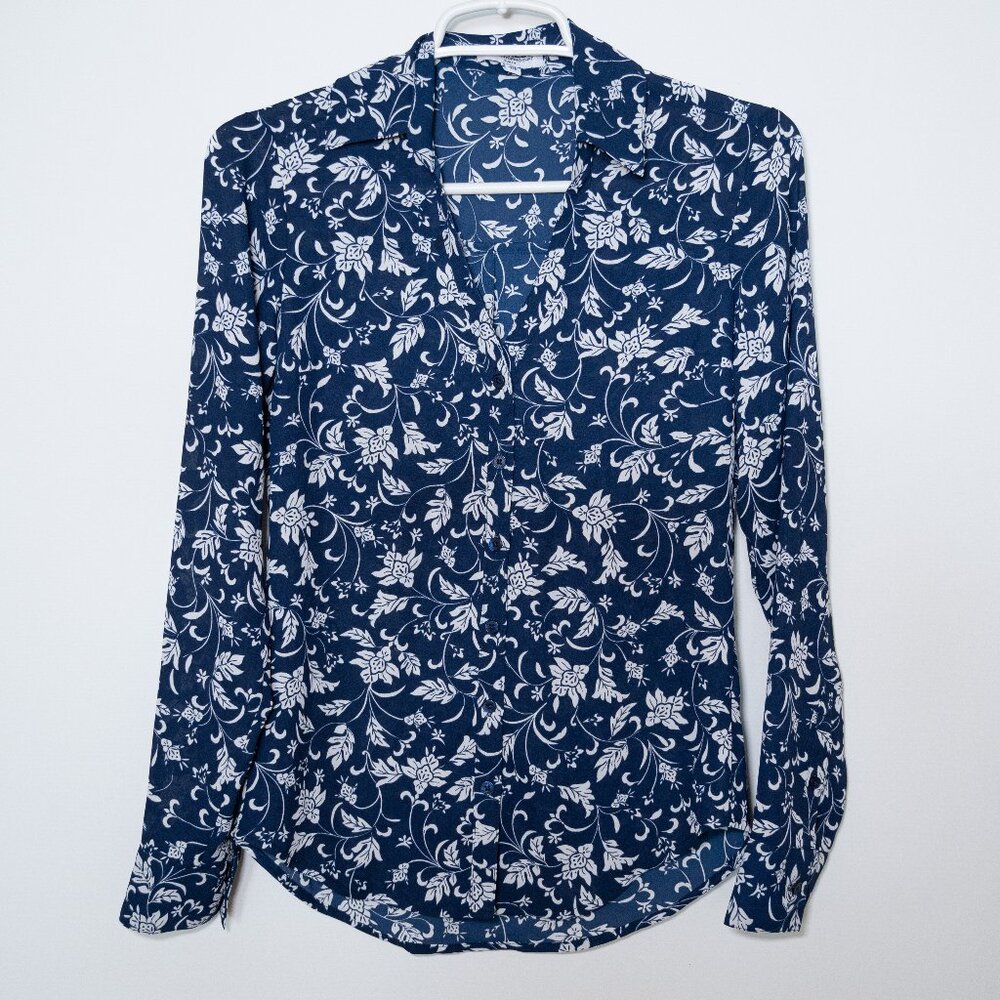 Express The Portofino Shirt Slim Fit Blue White Floral Pattern Semi-Sheer XXS